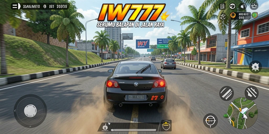 Gameplay IW777 menampilkan mobil balap yang melaju cepat di lintasan menantang.