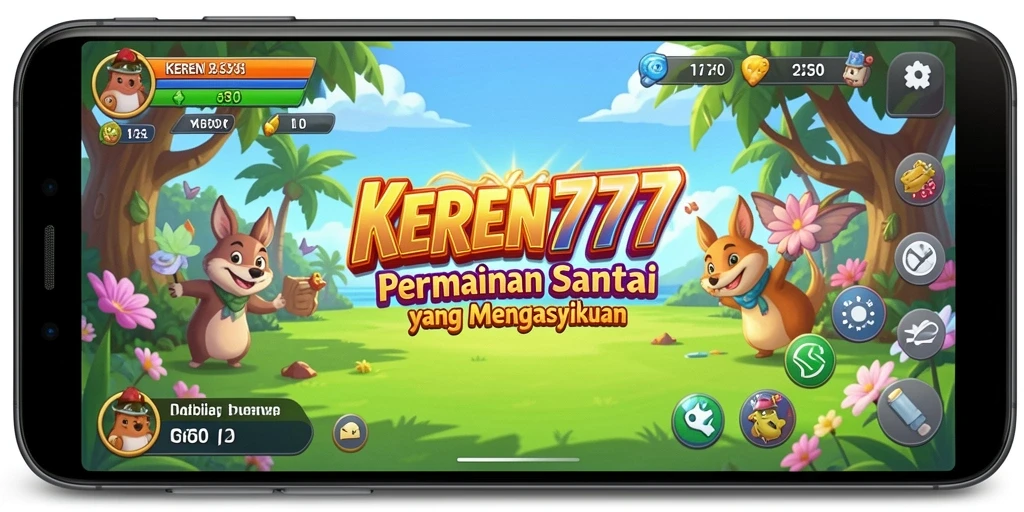Tampilan gameplay KEREN777 yang ceria dan penuh warna.