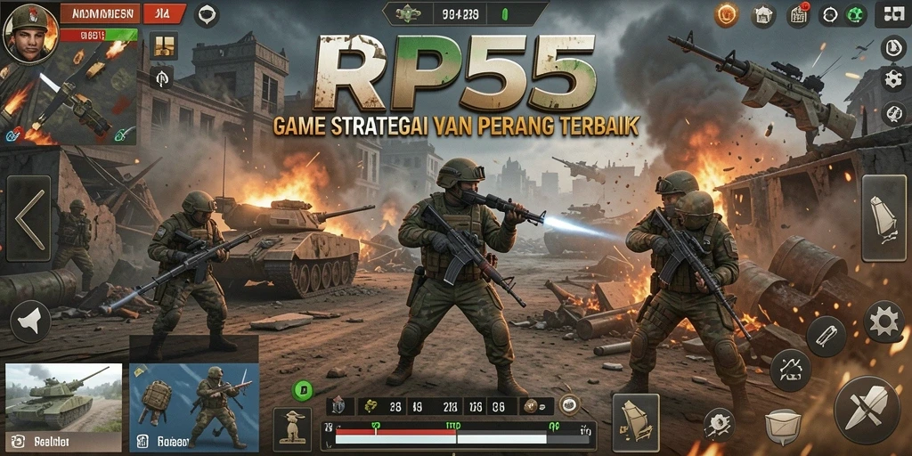 Screenshot utama RP55 menunjukkan strategi perang yang seru.
