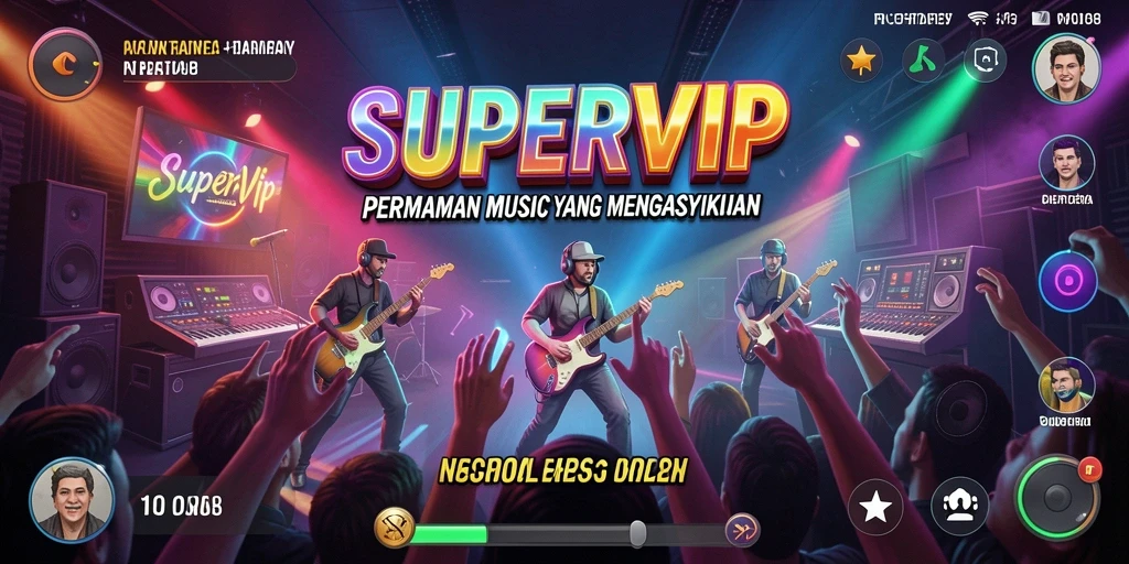 Tampilan gameplay SUPERVIP dengan pemain menikmati musik.